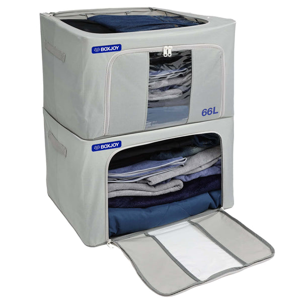 BOXJOY Pack of 2 66L Polyester Foldable with Front Transparent window Light Grey Clothes Box