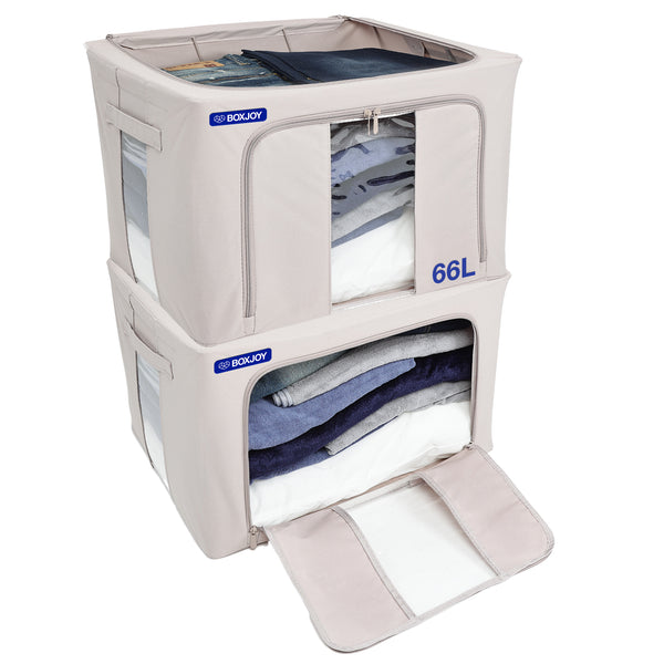 BOXJOY Pack of 2 66L Polyester Cotton Foldable with Front & Side Transparent window Light Grey Clothes Box