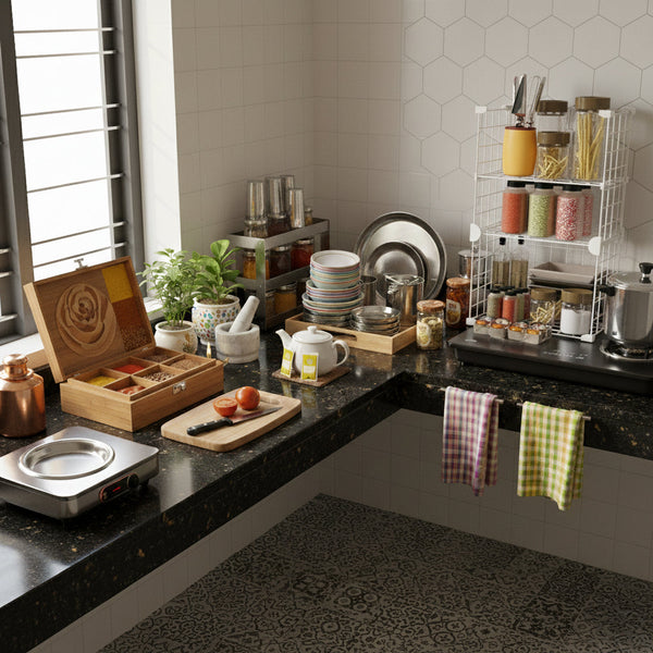 Neatly organized modular kitchen countertop featuring a wooden spice box, wire dish rack, spice jars, and stacked dinnerware.