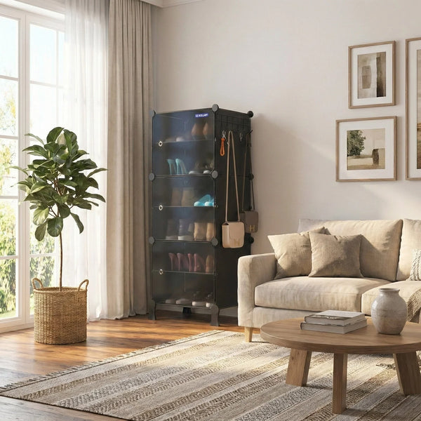 BOXJOY tall black modular shoe rack cabinet with translucent doors and side handbag hooks in a bright living room.