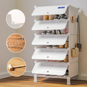 Fully organized BOXJOY 5-tier white modular shoe storage cabinet filled with shoes and hanging bags.