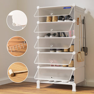 BOXJOY 5-tier white modular shoe rack cabinet with translucent frosted doors, organized footwear, and side hanging hooks.