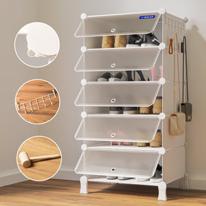 BOXJOY Plastic 5 Shelf White Shoe Rack with Translucent Doors