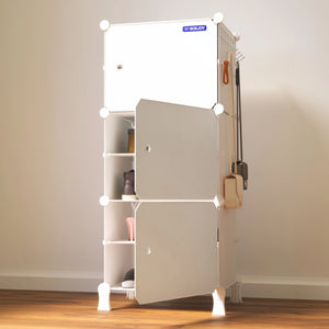 White BOXJOY modular 6 shelf wardrobe holding shoes, featuring side hooks for hanging bags.