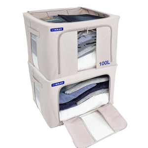 BOXJOY Pack of 2 100L Polyester Cotton Foldable with Front & Side Transparent window Light Grey Clothes Box
