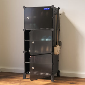 BOXJOY Plastic 6 Shelf Black Shoe Rack with Translucent Doors