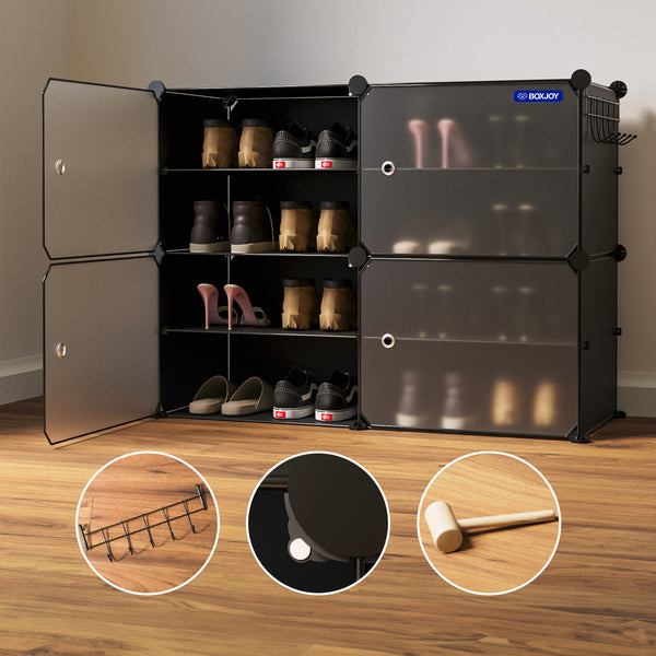 BOXJOY Plastic 8 Shelf Black Translucent Shoe Rack