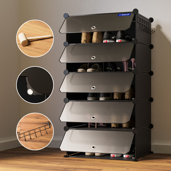 BOXJOY Plastic 5 Shelf Black Translucent Shoe Rack