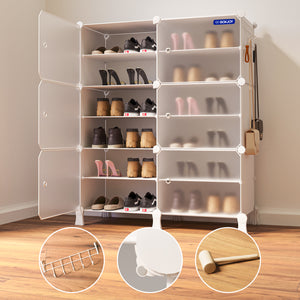 BOXJOY Plastic 12 Shelf White Shoe Rack with Translucent Doors