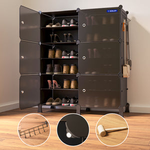 BOXJOY Plastic 12 Shelf Black Shoe Rack with Translucent Doors