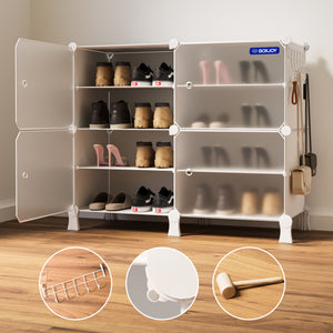 BOXJOY Plastic 8 Shelf White Shoe Rack with Translucent Doors