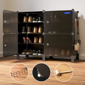BOXJOY Plastic 8 Shelf Black Shoe Rack with Translucent Doors
