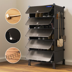 BOXJOY Plastic 5 Shelf Black Shoe Rack with Translucent Door