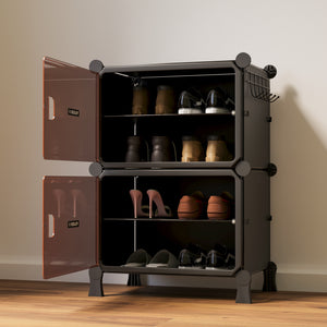 BOXJOY Hard Plastic 4 Shelf Black Shoe Rack with Brown Door