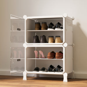 BOXJOY Hard Plastic 4 Shelf White Shoe Rack with Transparent Door