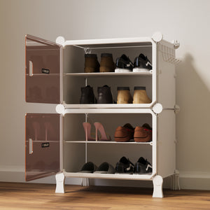 BOXJOY Hard Plastic 4 Shelf White Shoe Rack with Brown Door