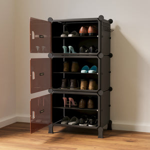 BOXJOY Hard Plastic 6 Shelf Black Shoe Rack with Brown Door