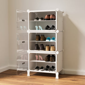 BOXJOY Hard Plastic 6 Shelf White Shoe Rack with Transparent Door