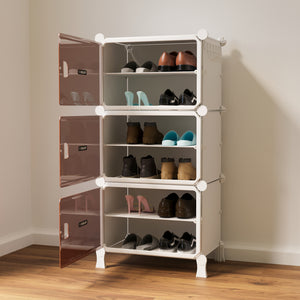 BOXJOY Hard Plastic 6 Shelf White Shoe Rack with Brown Door