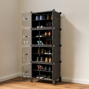 BOXJOY Hard Plastic 8 Shelf Vertical Black Shoe Rack with Transparent Door