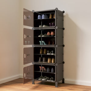 BOXJOY Hard Plastic 8 Shelf Vertical Black Shoe Rack with Brown Door