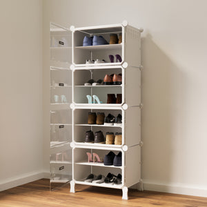 BOXJOY Hard Plastic 8 Shelf Vertical White Shoe Rack with Transparent Door