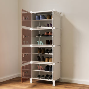 BOXJOY 4-tier white modular shoe storage cabinet filled with footwear behind open brown tinted doors.