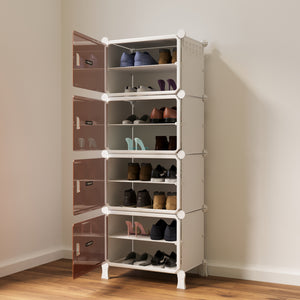 BOXJOY Hard Plastic 8 Shelf Vertical White Shoe Rack with Brown Door