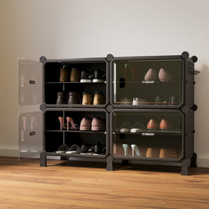BOXJOY Hard Plastic 8 Shelf Black Shoe Rack with Transparent Door