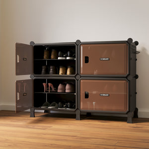 BOXJOY Hard Plastic 8 Shelf Black Shoe Rack with Brown Door