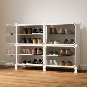 BOXJOY wide 2-tier white modular shoe storage cabinet filled with footwear behind open transparent clear doors.