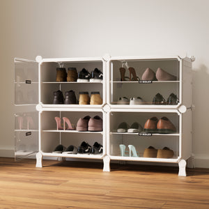 BOXJOY Hard Plastic 8 Shelf White Shoe Rack with Transparent Door