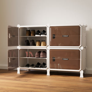 BOXJOY Hard Plastic 8 Shelf White Shoe Rack with Brown Door