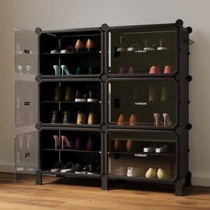 BOXJOY wide 3-tier black modular shoe storage cabinet filled with footwear behind open transparent clear doors.