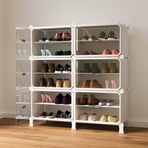 BOXJOY wide 3-tier white modular shoe storage cabinet filled with footwear behind open transparent clear doors.