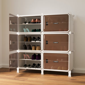 BOXJOY Hard Plastic 12 Shelf White Shoe Rack with Brown Door