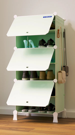 Light green and white BOXJOY modular shoe wardrobe with 6 shelfs and opaque white doors, neatly storing various pairs of shoes.