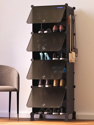Black BOXJOY modular shoe wardrobe with 8 shelfs, smoky transparent doors, side bag hooks, and shoes stored inside.