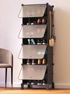 Black BOXJOY modular shoe wardrobe with 8 shelfs, transparent doors, and side bag hooks.