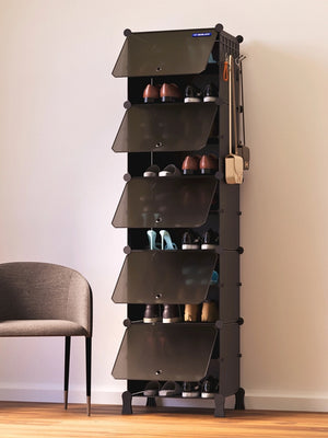 Tall black BOXJOY modular shoe wardrobe with 10 shelfs, transparent doors, and side bag hooks.