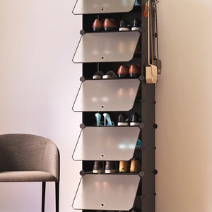 Tall black BOXJOY modular shoe wardrobe with 10 shelfs, transparent doors, and side bag hooks.