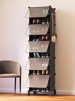 Tall black BOXJOY modular shoe wardrobe with 10 shelfs, transparent doors, and side bag hooks.