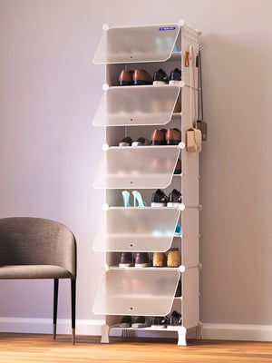 Tall white BOXJOY modular shoe wardrobe with 10 shelfs, transparent doors, and side bag hooks.
