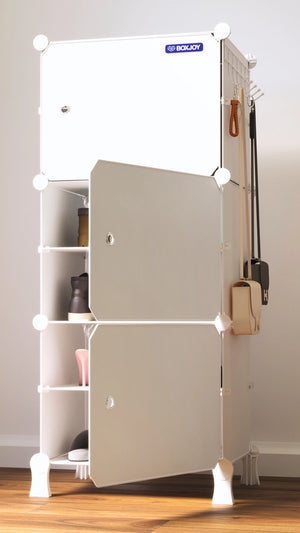 White BOXJOY modular 6 shelf wardrobe holding shoes, featuring side hooks for hanging bags.