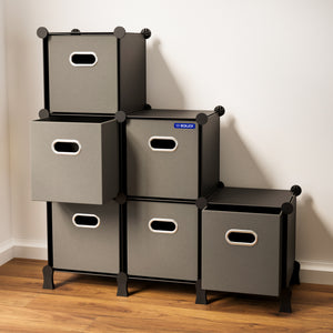 BOXJOY 6-cube stepped modular storage cabinet with dark grey fabric drawers and silver aluminum handles.