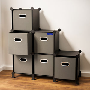 BOXJOY Plastic 6 Shelf Black Cube Storage Rack with Fabric Drawers
