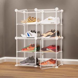 BOXJOY white modular shoe display cabinet with clear doors filled with organized athletic sneakers.