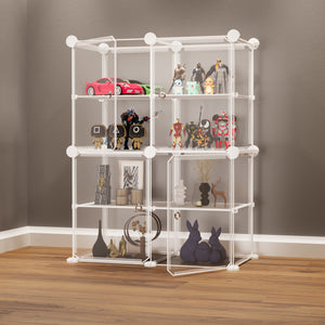 BOXJOY white modular showcase cabinet with clear doors filled with action figures, collectible statues, and home decor.