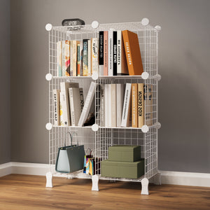Fully organized BOXJOY 6-cube white metal wire storage bookshelf filled with books, bags, and storage boxes.