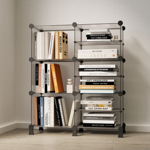 BOXJOY multi-tier asymmetric open modular bookshelf with translucent panels filled with organized books and home decor.